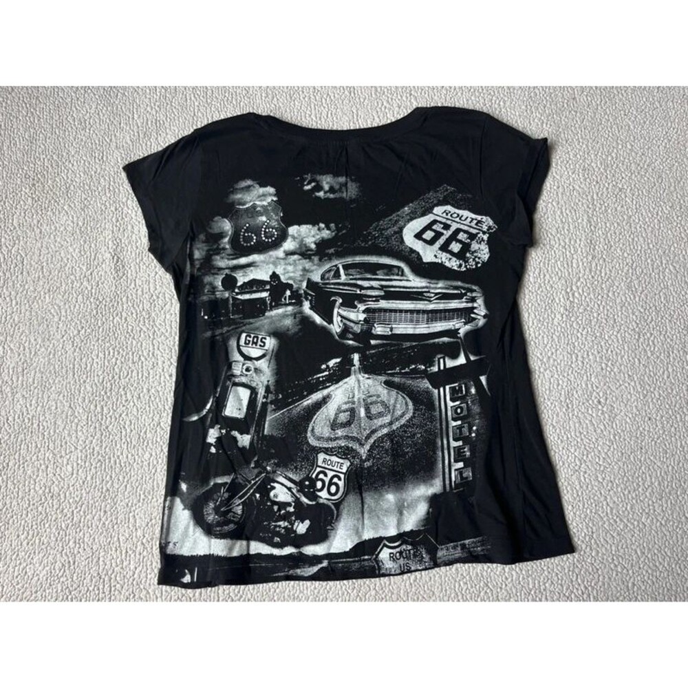 Vintage Y2K Route 66 Black & White Car Graphic Tshirt Womens M or Juniors XL - Picture 2 of 5